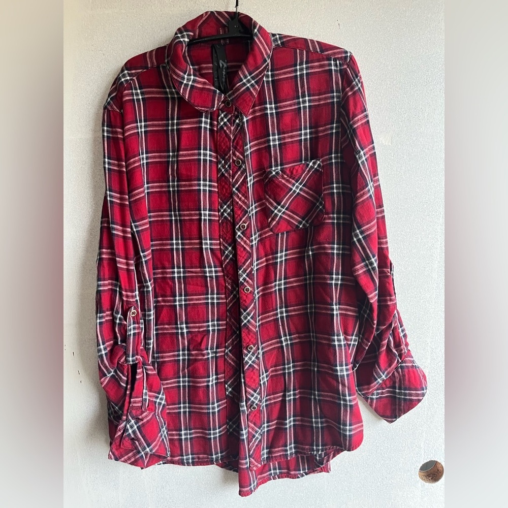 Seven7 Lightweight Plaid Cotton Tab Sleeve Button Up Shirt Red Size L